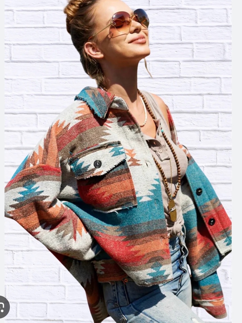 Aztec Pattern Shacket - Teal & Rust